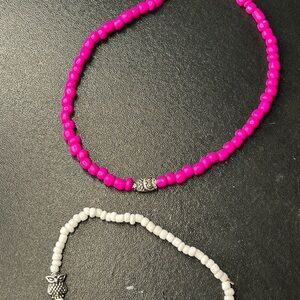 Pink and White Owl Charm Bracelet and anklet Set